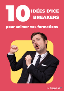 Homme en costard sur carré jaune. Couverture des 10 icebreakers pour animer vos formations.