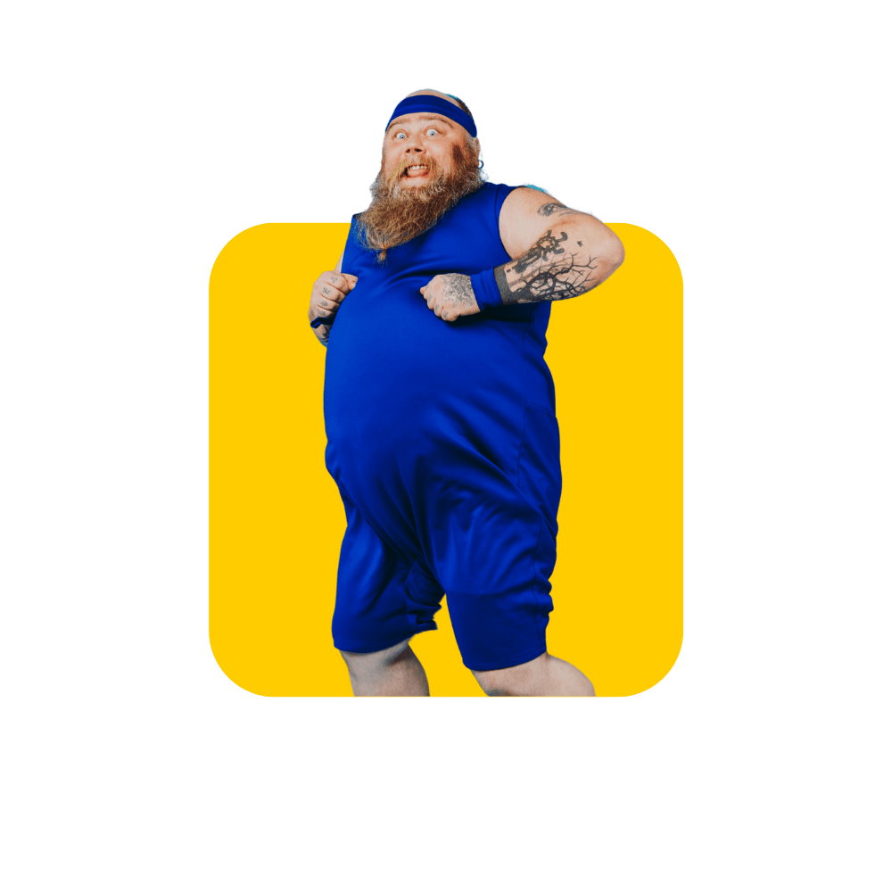 homme en bleu saute sur fond jaune