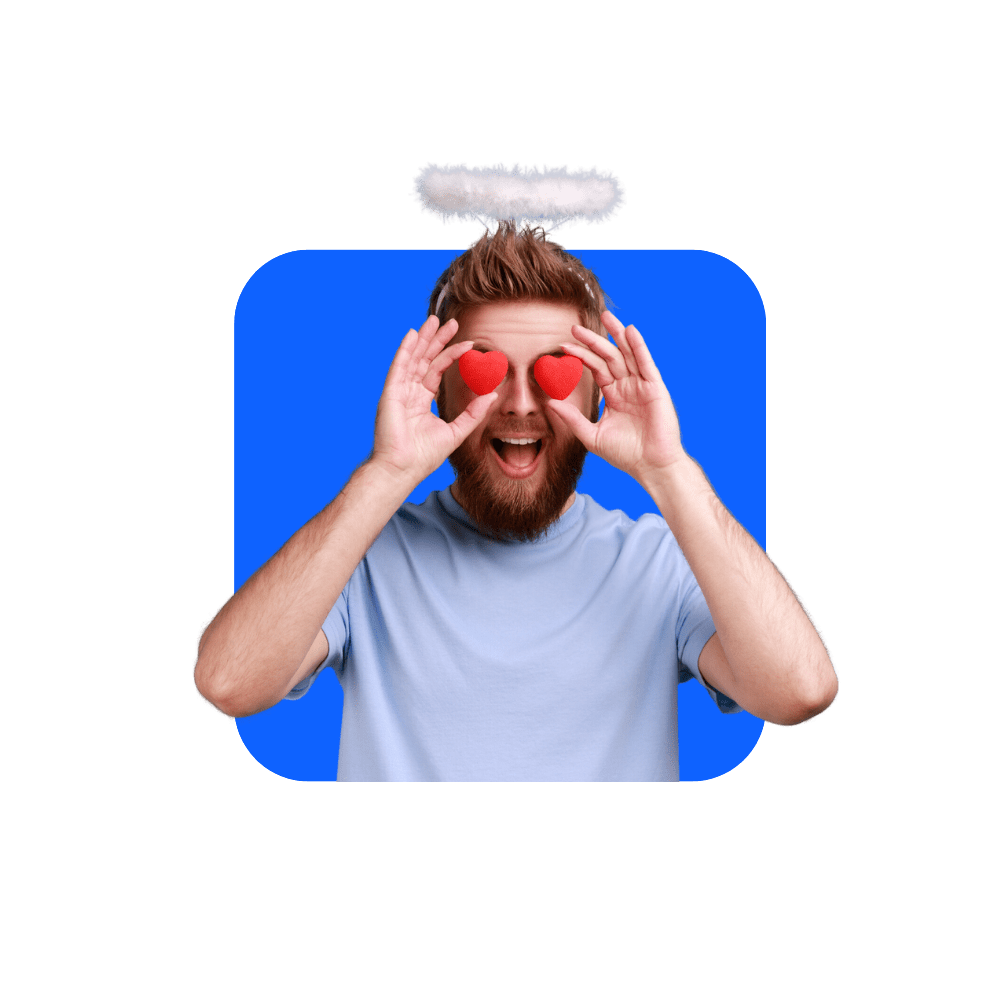 Homme ange avec des cœurs sur les yeux sur un fond bleu foncé - méthode de vente raisonnée harard