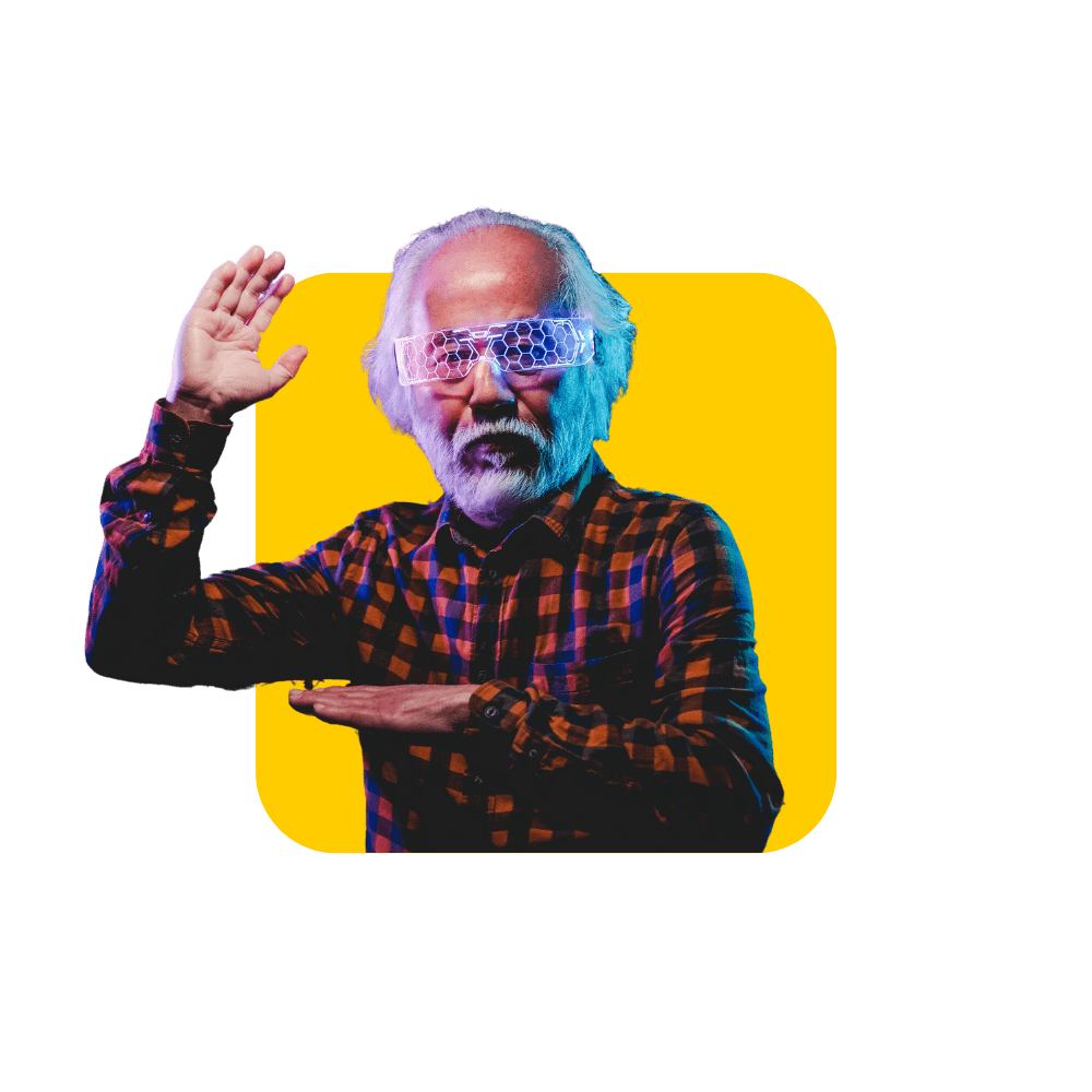 IA outil de formation - Papi avec lunettes futuristes et chemise à carreaux sur fond jaune